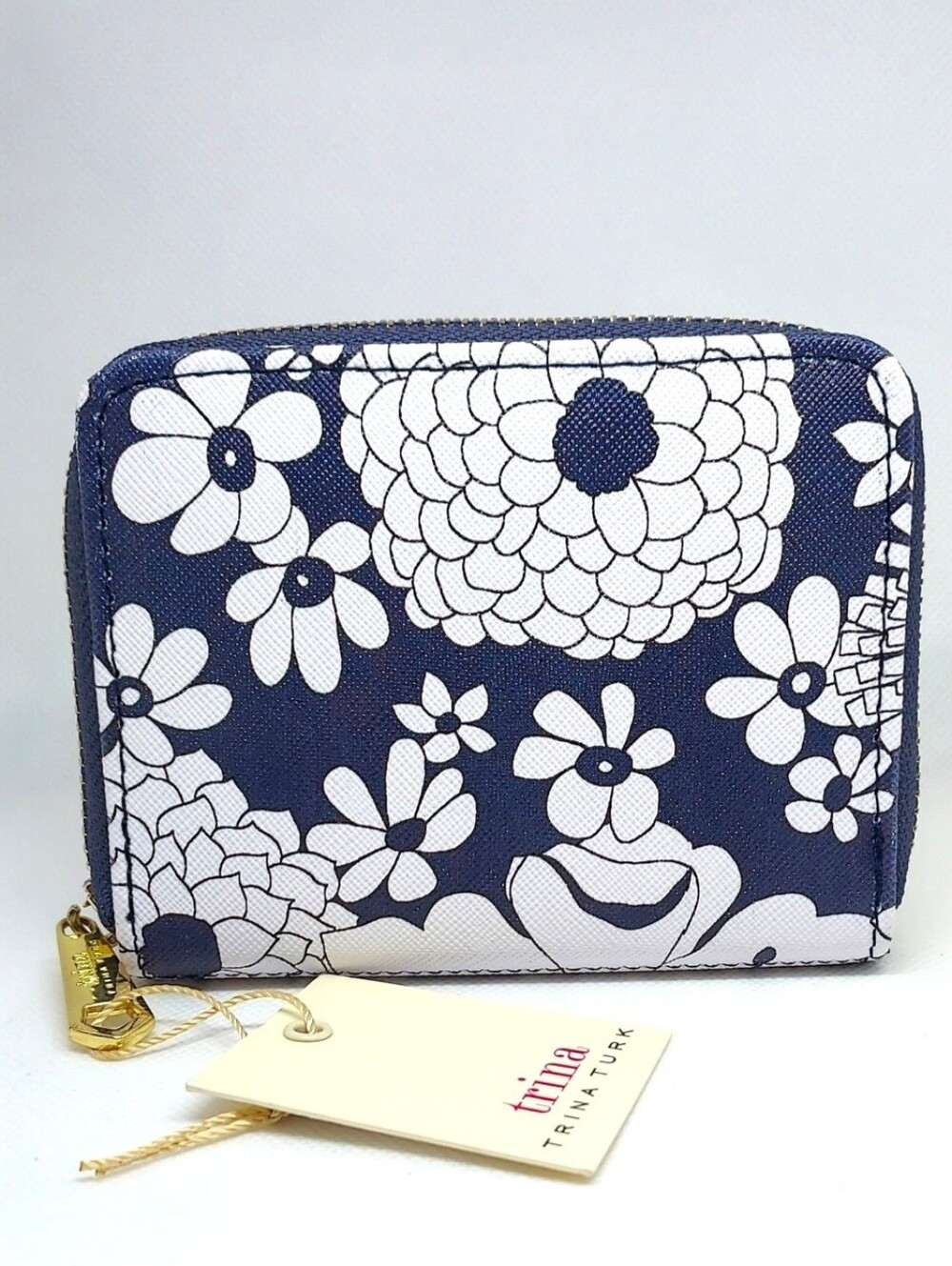 Trina Turk Navy Blue and White Floral Zip-Around Wallet Nwt